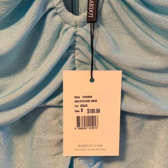 NWT Bardot Adalyn Ruched Dress in Aqua Size Small, Rigid Metal Wired Neck Line - Picture 6 of 9
